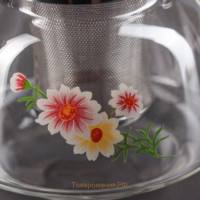 Чайник стеклянный заварочный с металлическим ситом «Цветочная фантазия», 850 мл