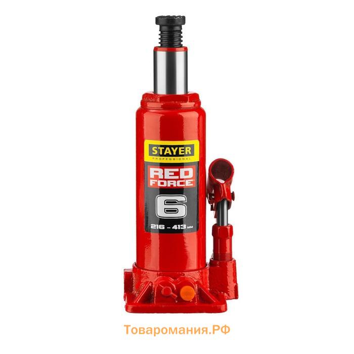 Домкрат бутылочный гидравлический STAYER RED FORCE 43160-6-K_z01, 216-413 мм, 6 т, в кейсе