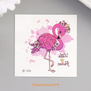 Татуировка на тело цветная "Фламинго с цветами" 6х6 см